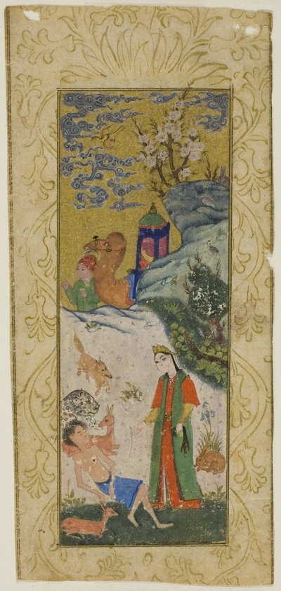 Layla Visiting Majnun in the Desert, page from a copy of the Khamsa of Nizami av Islamic School