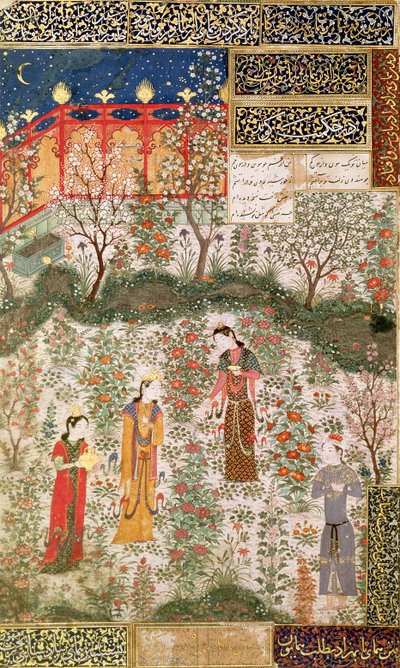 Den persiske prinsen Humay møter den kinesiske prinsessen Humayun i en hage, ca. 1450 av Islamic School