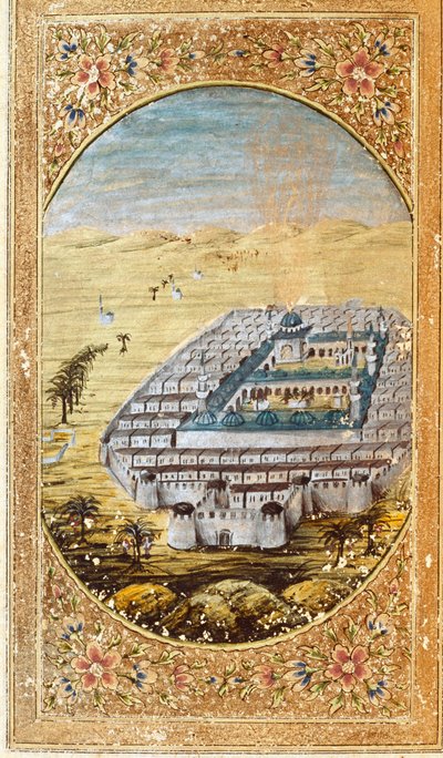 Utsikt over Mekka (La Mekke), stedet for muslimsk pilegrimsreise, og slettene til Arafat-fjellet (Arafah), Saudi-Arabia. Side hentet fra en utgave av Koranen av Islamic School