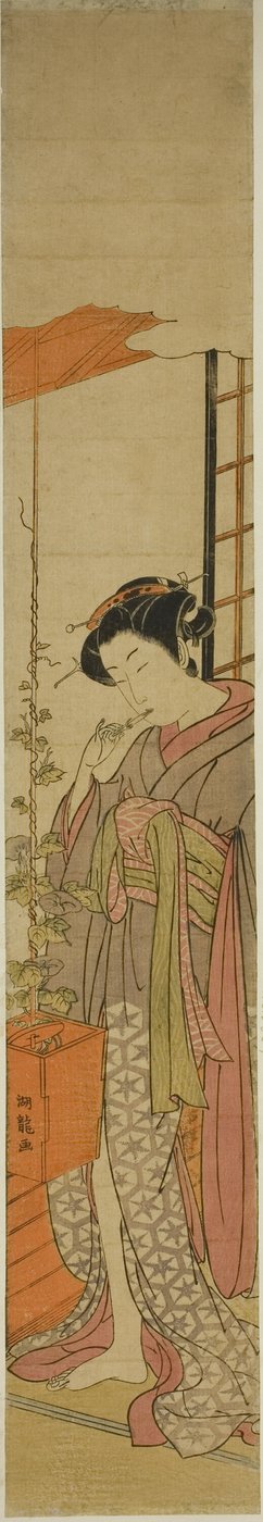 Courtesane som beundrer Morning Glories mens hun pusser tennene av Isoda Koryusai