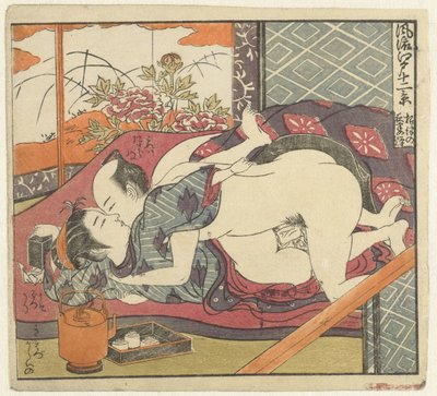 Kjærlighetspar på teservering Twelve Views of Sophisticated Edo (serietittel) Furyu Edo junikei (serietittel på objekt) av Isoda Koryusai
