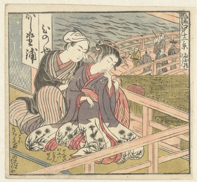 Kjærlighetspar på verandaen Twelve Views of Sophisticated Edo (serietittel) Furyu Edo junikei (serietittel på objekt) av Isoda Koryusai
