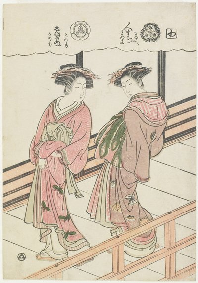 To kurtisaner på en veranda, 1777 (farget treblokktrykk) av Isoda Koryusai