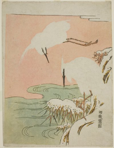 To egrets i snøen av Isoda Koryusai