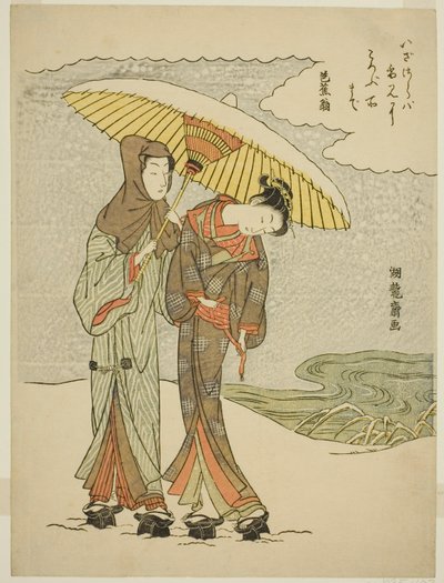 Ungt par under en paraply i snøen av Isoda Koryusai