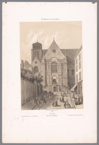 Utsikt over Sainte-Trinité-katedralen i Laval lava. Fasade de la Cathédrale (tittel på objekt) Contemporary France (serietittel) La France de nos jours (serietittel på objekt) av Isodore Laurent Deroy