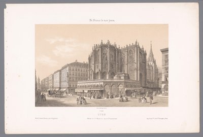 Zicht op de kerk Saint-Nizier en de rue de l'Impératrice te Lyon Lyon. Apsis av St. Nizier og Rue de l'Impératrice (tittel på objekt) Hedendaags Frankrijk (serietittel) France Today (serietittel på objekt) av Isodore Laurent Deroy
