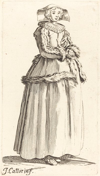 Ung kvinne med foldede hender, mot høyre av Israel Henriet after Jacques Callot