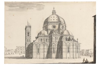 The Duomo and Campanile, Florence (svart kritt, penn og grått blekk, brunt og grått vask på papir med vannmerkeenhet) av Israel the Younger Silvestre