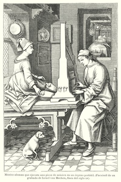 Tysk musiker som spiller et bærbart orgel, sent på 1400-tallet (litho) av Israel van (after) Mecken