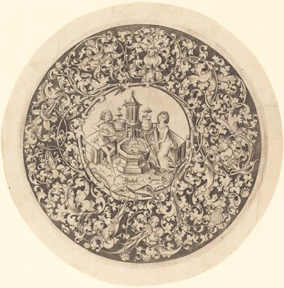 Sirkulært ornament med musikere som spiller nær en brønn, ca. 14951503. av Israhel van Meckenem
