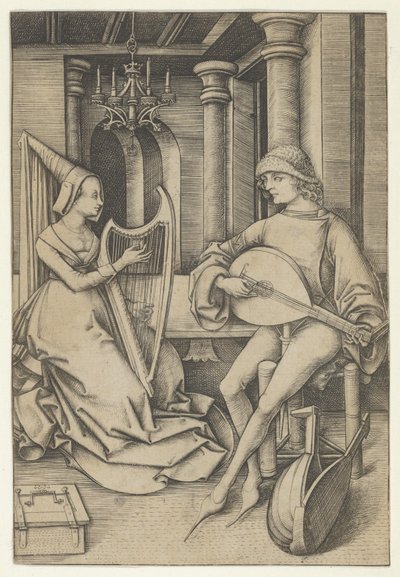 Lutespiller og harpist, fra Scenes of Daily Life,.n.d. av Israhel van Meckenem