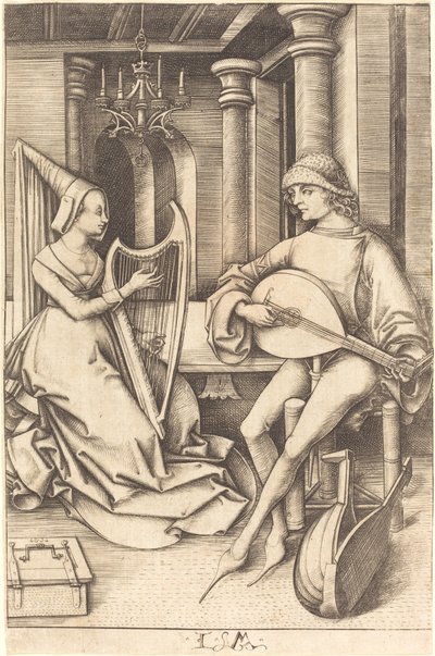 Lutespilleren og harpisten, ca. 14951503. av Israhel van Meckenem