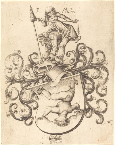 Våpenskjold med Tumbling Boy av Israhel van Meckenem after Master of the Housebook