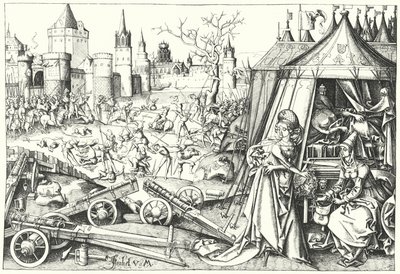 Halshuggingen av den assyriske generalen Holofernes av israelitten Judith av Bethulia, fra diktet Judith (gravering) av Israhel van the Elder Meckenem