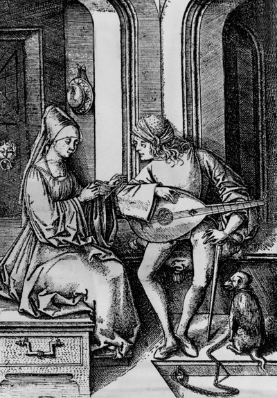 En kvinne som synger mens en mann spiller en lutt (gravering) av Israhel van the younger Meckenem