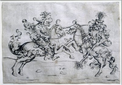 To ryttere som spiller. Spill med to menn til hest. Tegning av Israel Van Meckenem (ca. 1440-1503). Museet Louvre av Israhel van the younger Meckenem