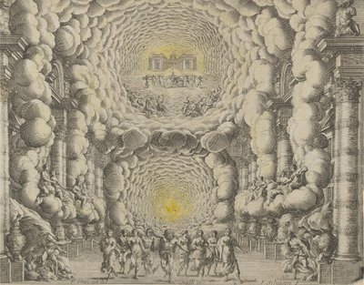 Design for et teatersett laget av Giacomo Torelli da Fano for balletten 'Les Noces de..., 1654 av Israël Silvestre