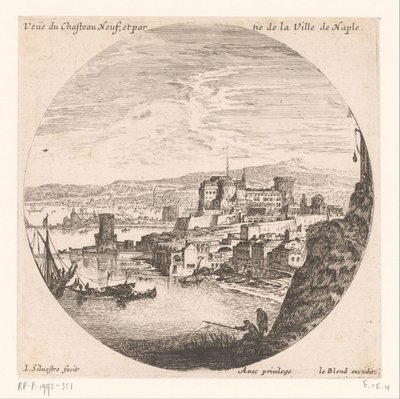 Utsikt over Castel Nuovo Veue du Chasteau neuf et partie de la Ville de Naples (tittel på objekt) Ulike utsikter over havner (serietittel) Ulike veues de Ports de mer (serietittel) av Israël Silvestre