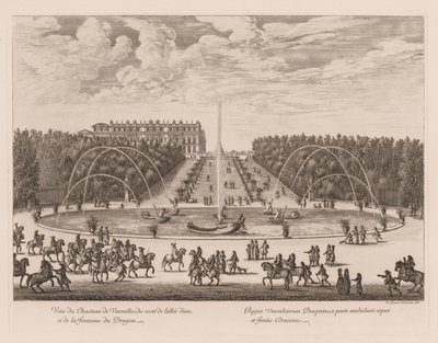 Utsikt over Château de Versailles, fra siden av smug og dragefontenen av Israël Silvestre