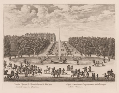 Utsikt over Château de Versailles, fra siden av banen og dragefontenen, 1676. av Israël Silvestre