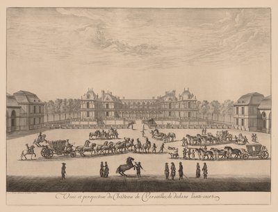 Utsikt og perspektiv av Palace of Versailles, fra innsiden av anti-gårdsplassen av Israël Silvestre