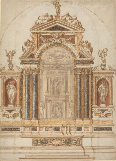 Et forseggjort alter av farget marmor utsmykket med skulpturer av Italian 17th Century