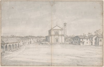 Et sentrum med en kirke av Italian 18th Century