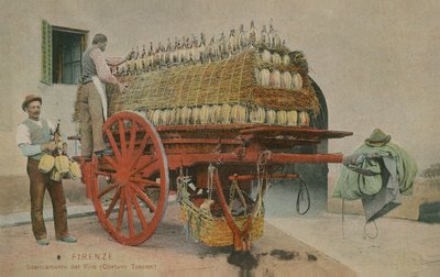 Laster flasker vin på en vogn, Firenze. Postkort sendt i 1913. av Italian Photographer