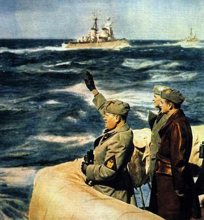 Mussolinis reise til Libya. Duce anmelder den italienske flåten. 1926. Fargerikt fotografi. av Italian Photographer