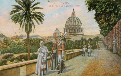 Pave Pius X i Vatikanets hager, Roma. Postkort sendt i 1913. av Italian Photographer