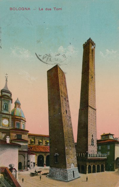 De to tårnene i Bologna, Italia. Postkort sendt i 1913. av Italian Photographer