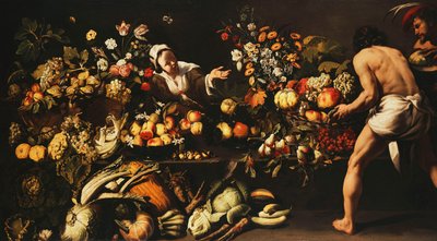 Et spisekammer fylt med grønnsaker, blomster og frukt, av Italian School