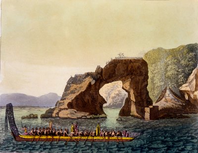 Et Maori-befestet utkikkspunkt i New Zealand, kombinert med Maori War Canoe, 1820-30-tallet (håndfarget akvatint) av Italian School