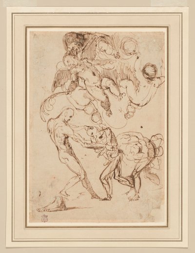En studie av bundne mannlige figurer som blir håndtert, og forskjellige Putti, en som holder et palmeblad av Italian School