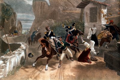 En kamp mellom brigander og pavens carabinieri (dragoni) på Sardinia, Italia. 1800-tallet av Italian School