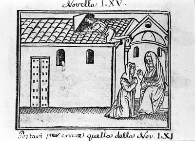 En sjalu ektemann fraskriver seg selv som en prest for å samle inn tilståelsen til sin utro kone. Illustrasjon for nyheter 65 (ny 5 av den syvende dagen) av "Decameron"" av Giovanni Boccaccio dit Jean Boccaccio (1313-1375), italiensk forfatt av Italian School