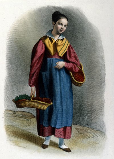 En ung vandrende jordbærselger. Milanesisk metiergravering av Locarno fra 1830. av Italian School