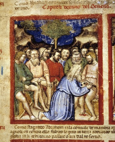 Abraham omskjærer jødene, illustrasjon fra "The Codex of Padua" 1390-1400 av Italian School