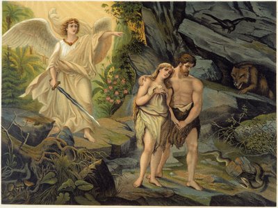 Adam og Eva jaget ut av det jordiske paradis (Eden) av erkeengelen - i "" Golden Classic Bible: History of Divine Revelation in the Ancient and New Stress "" av Giovanni Ladislao Sykora (bd. 1), oversatt av Don Clemente Benetti . (Italiensk bibel av Italian School