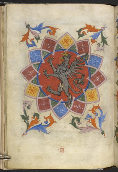 Legge til. 21965, f.5v Heraldisk figur: A griffin, Statute of the Guild of Tailors, fra 