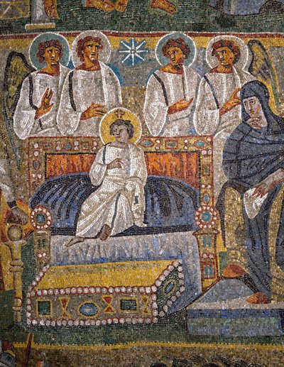 Tilbedelse av magi, detalj av Kristus omgitt av engler (mosaikk) av Italian School