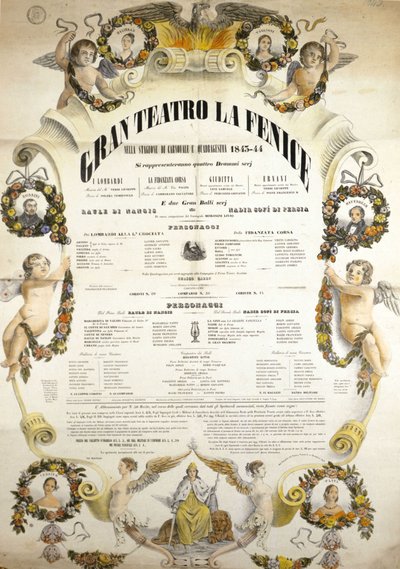 Plakat for Theatre de La Fenice i Venezia for sesongen 1843 - 1844. av Italian School
