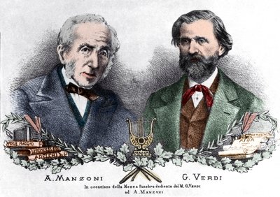 Alessandro Manzoni og Giuseppe Verdi i anledning Messa da Requiem (farget gravering) av Italian School