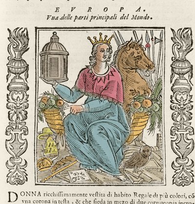 Allegori av Europa i form av en rikt kledd kvinne, kronet, omgitt av horn av overflod. Tallerken hentet fra "" Iconologia"" av Cesare Ripa (1550 ca. 1622) av Italian School