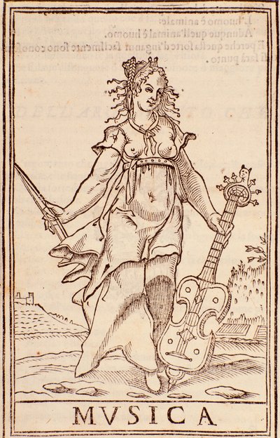 "Allegory of music"-side fra "Sum of all sciences"-essay av Aurelio Marinati (1500-tallet) av Italian School