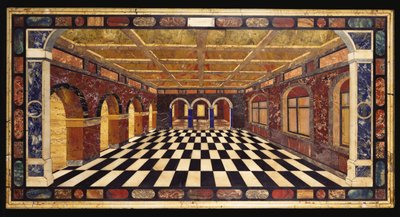 En italiensk pietre dure bordplate i marmor innlagt som viser en interiørscene av et vikende arkadegalleri av Italian School