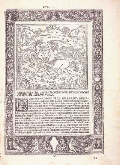 En illustrert side fra en latinsk utgave av Plutarchus 'Parallel Lives', som viser Theseus som kjemper mot en kentaur av Italian School