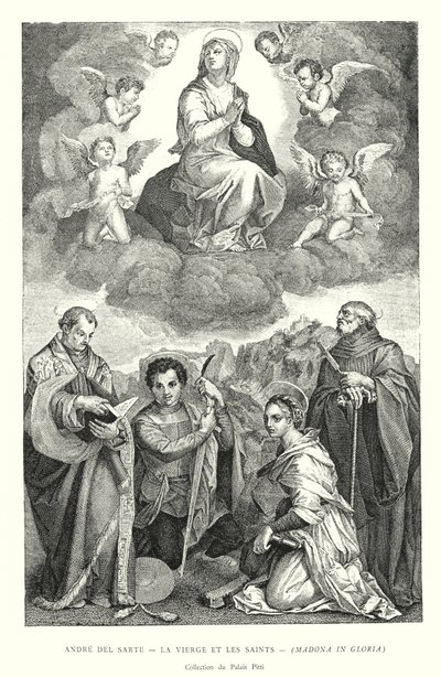 Andre del Sarte, Jomfruen og de hellige, Madonna i Gloria, Pitti Palace Collection (gravering) av Italian School