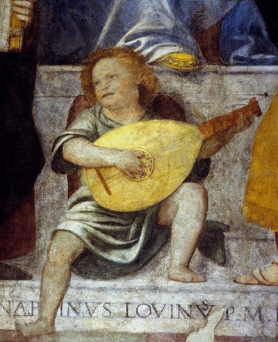 Englemusiker som spiller lut. Detalj av en freske fra 1600-tallet fra en kirke i Milano. av Italian School